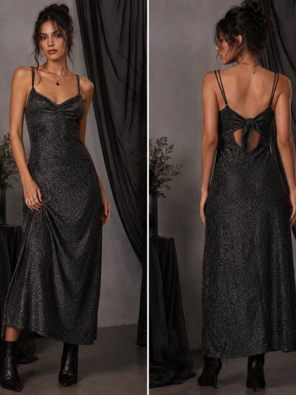 Urban Outfitters Arna Metallic Midi Dress L NWT Black Silver Sparkle Whimsigoth